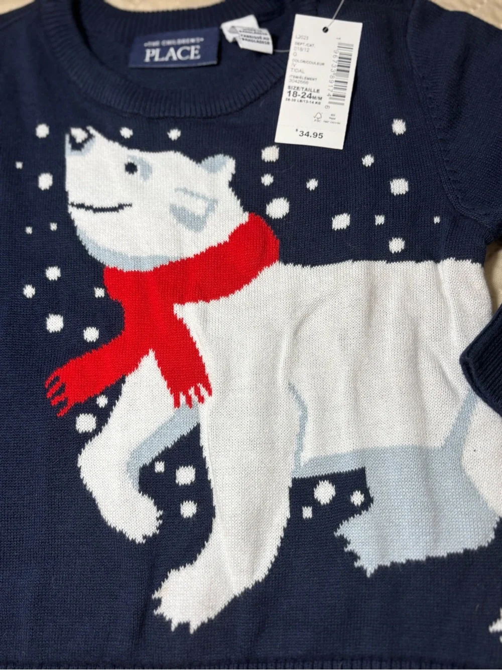 The Children's Place 18-24M Navy Sweater with White Polar Bear and Red Scarf